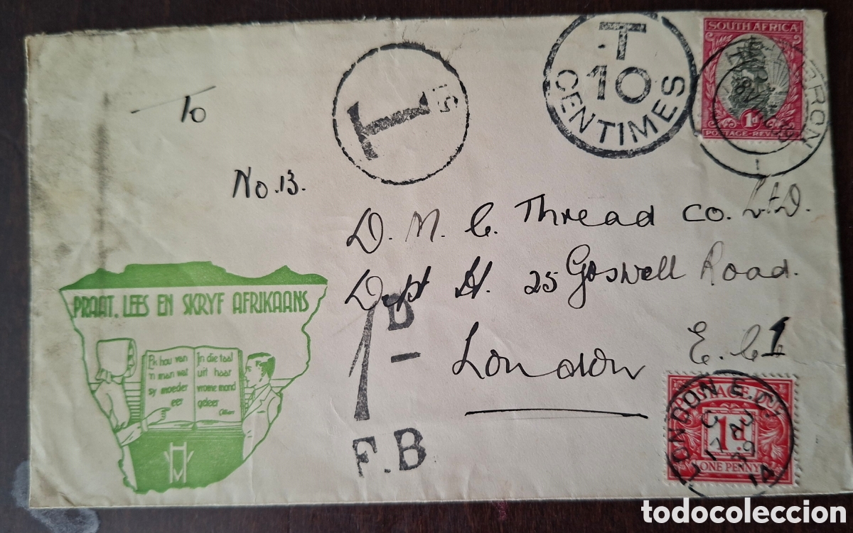 Francobolli: Carta enviada desde Sud&aacute;frica a inglaterra Londres Franqueo insuficiente Tasas 1939
