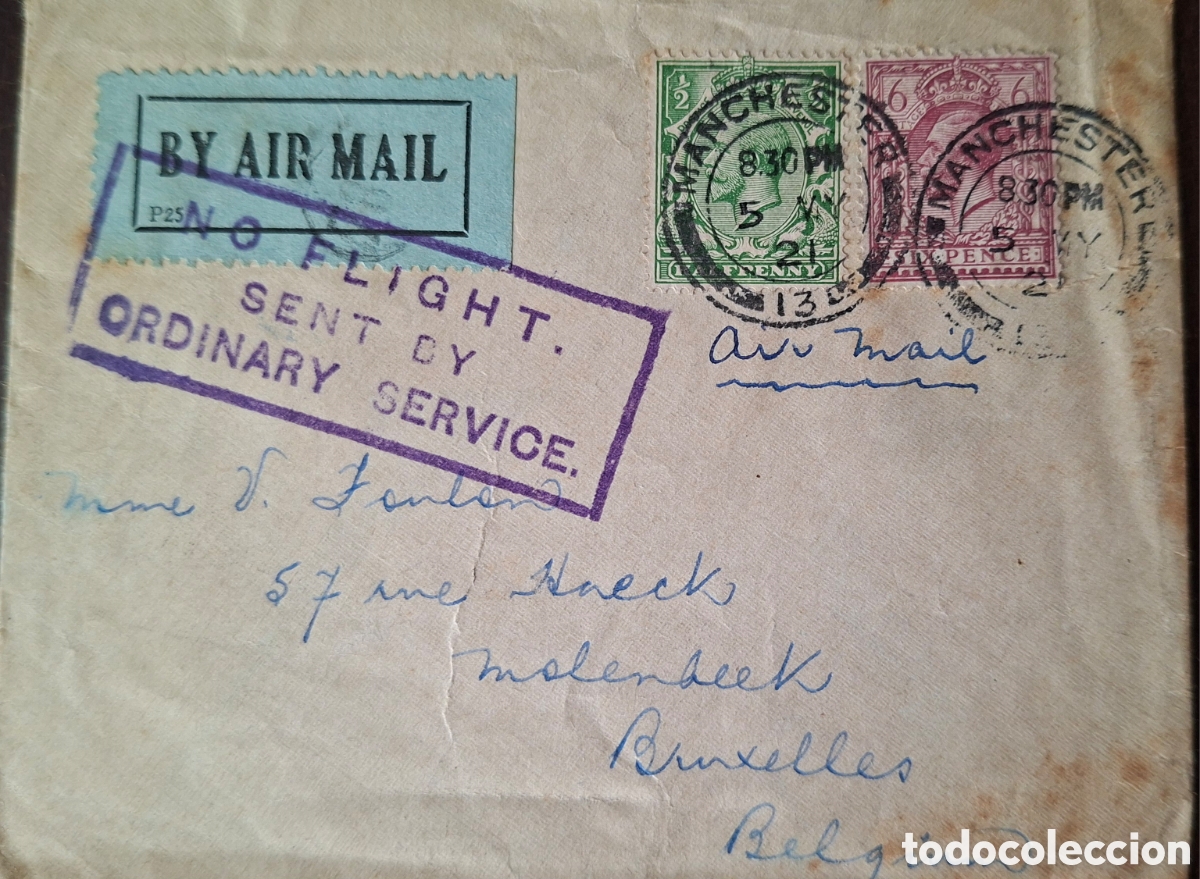 Sellos: Carta correo aereo desde Inglaterra a bruxelas belgica 1921 NO FLIGHT
