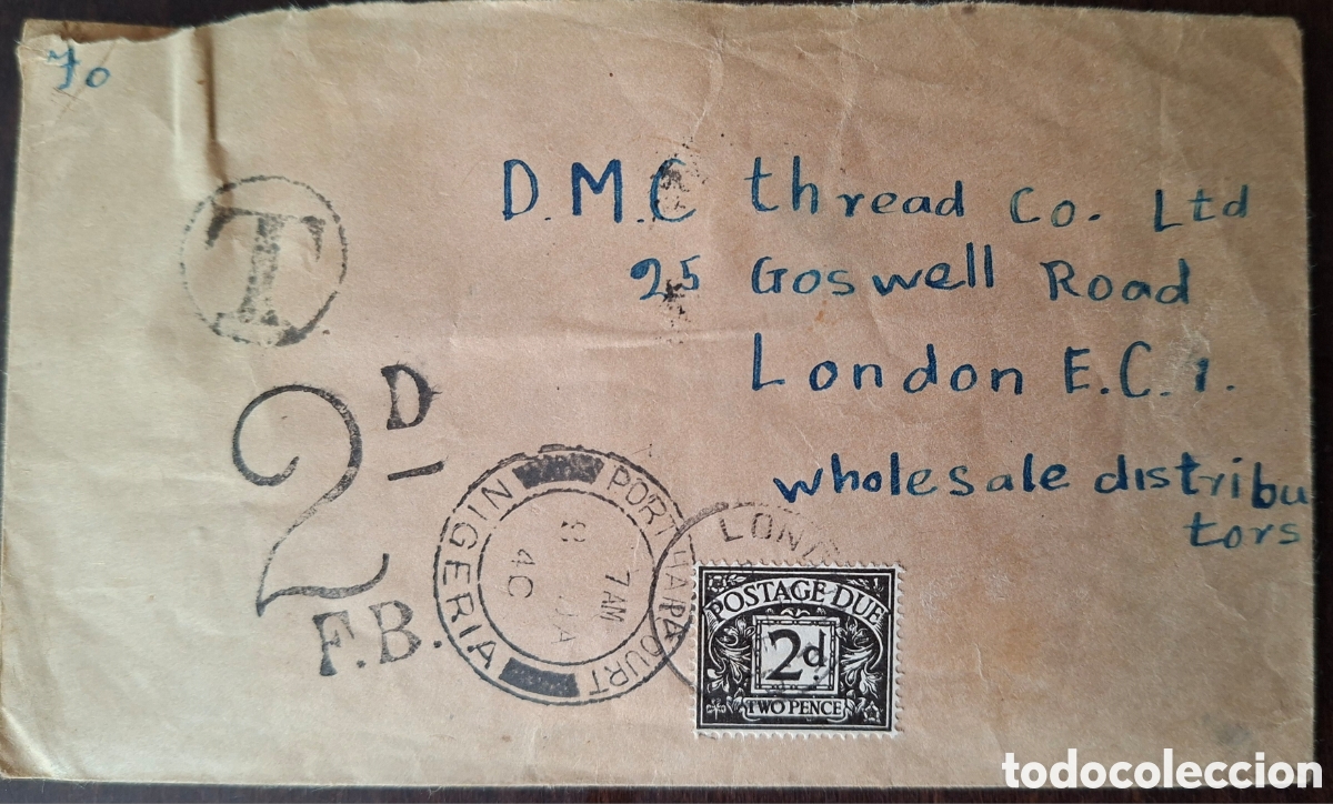 Sellos: Carta enviada desde Nigeria a inglaterra Londres franqueo insuficiente Tasas 1940