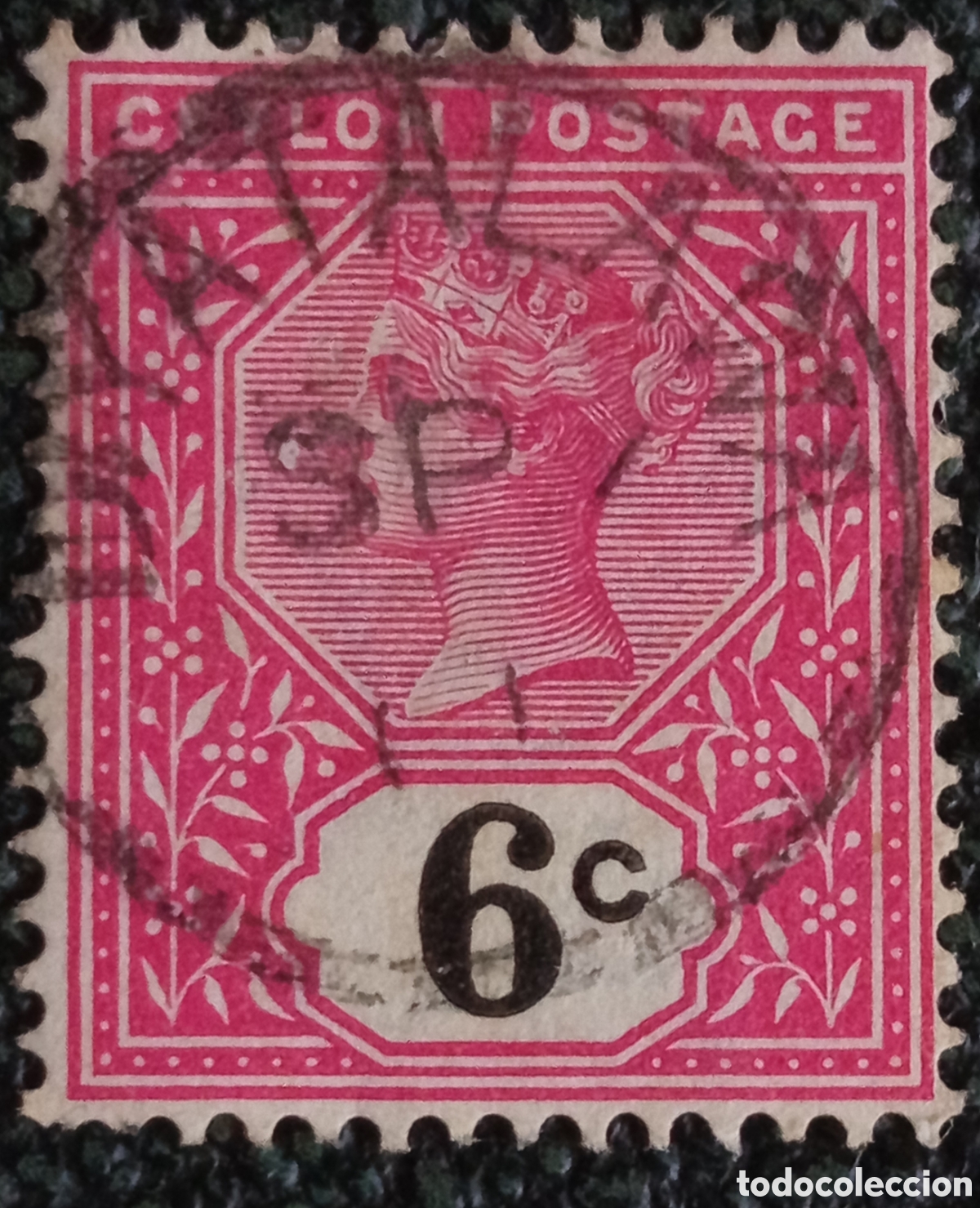 Sellos: Sello Ceil&aacute;n 1899 Reina Victoria Colonial 6 Cents Carm&iacute;n Usado Cat&aacute;logo Scott 134