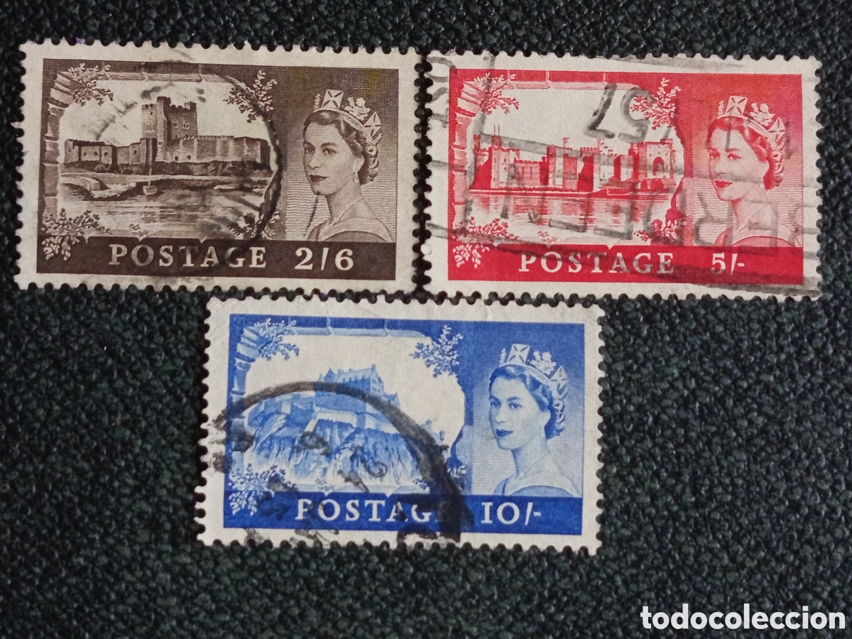 Sellos: Lote Gran Breta&ntilde;a 1955 Serie Castillos 2/6 5/- 10/- Isabel II Usado SG536/538
