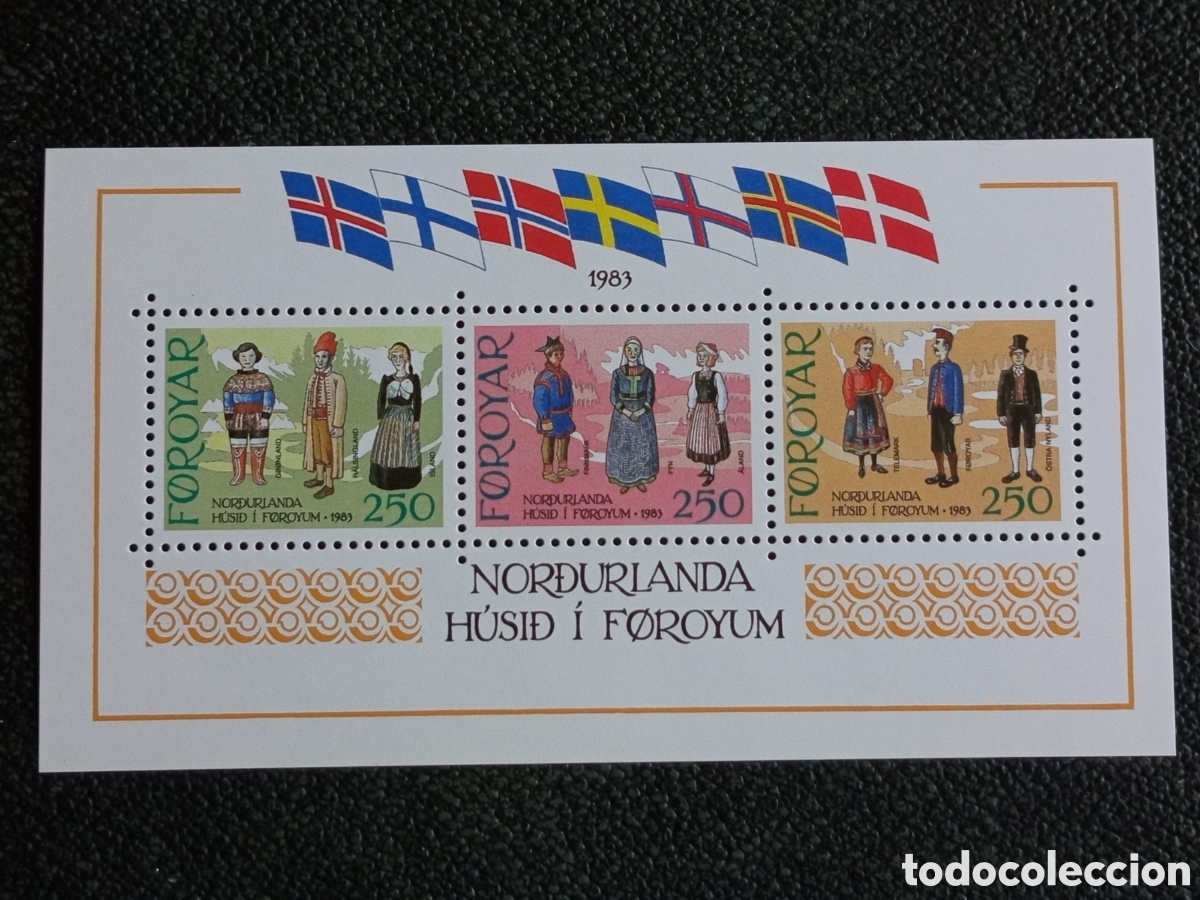 Sellos: Hojita Bloque Islas Feroe 1983 Casa N&oacute;rdica Trajes T&iacute;picos Michel Bl.1 MNH