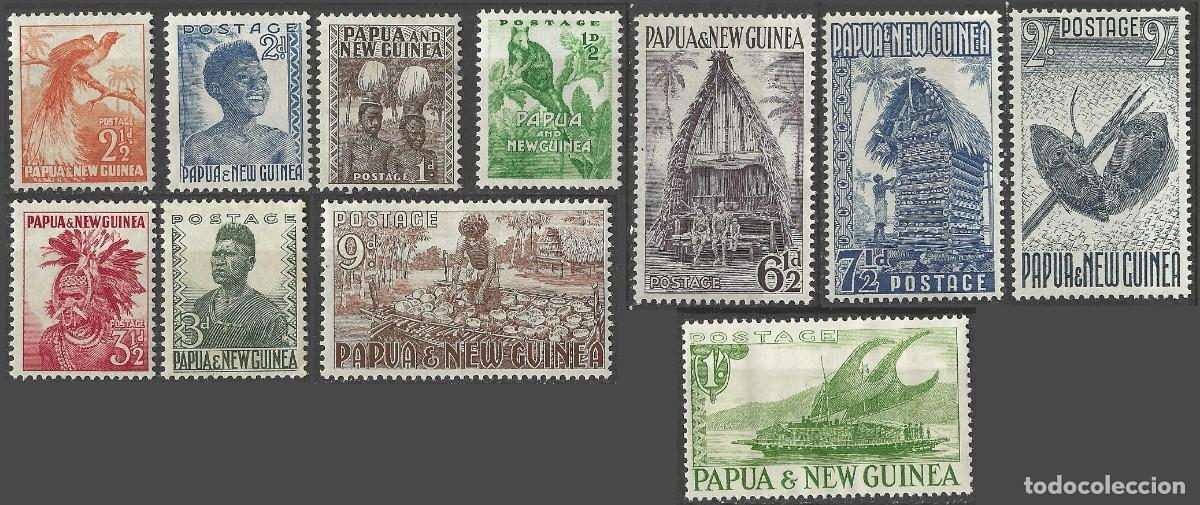 Sellos: PAPUA NEW GUINEA/1952/MNH/SC#122-31, 133/ ANIMALES/ CASA DE JEFE KIRIWINA / 11v/15v