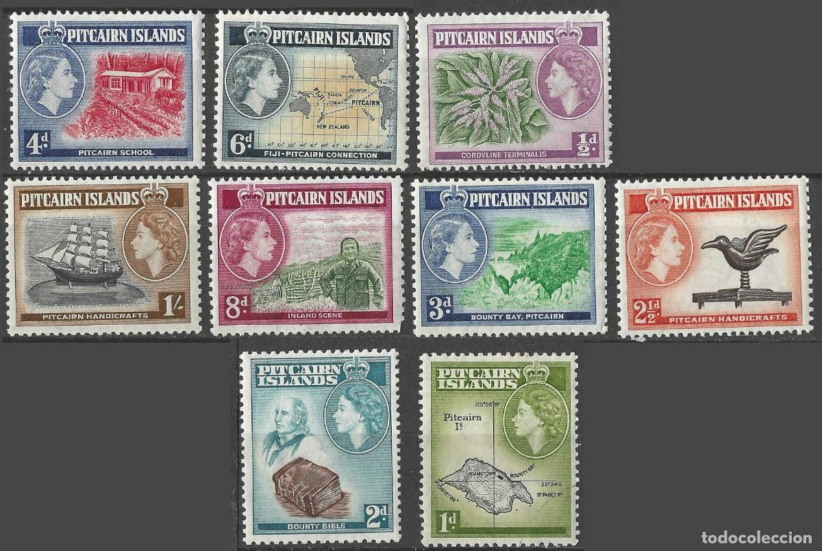 Sellos: PITCAIRN ISLANDS/1957/MNH/SC#20-8/ REINA ELIZABETH II / QEII / PAISAJES / 9v/11v/ 1p & 8p MH