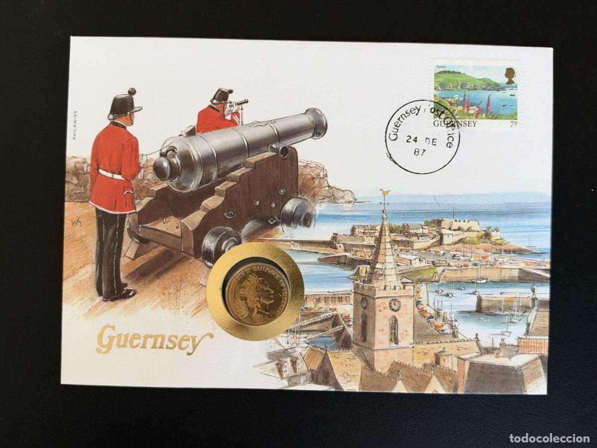 Sellos: Guernsey 1987 sobre numism&aacute;tico Philswiss sello 7p moneda
