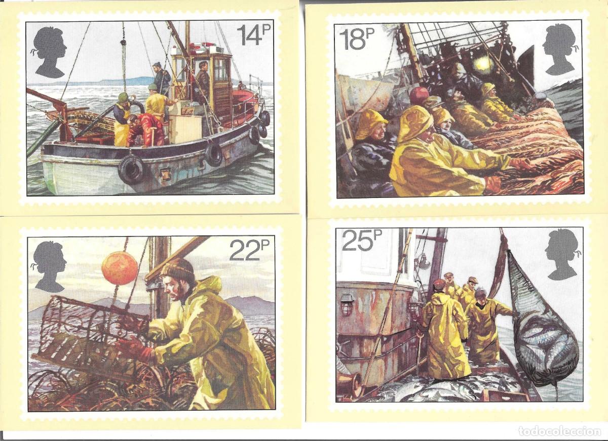 Sellos: &rdquo;Fishsing. Pesca&rdquo; Lot de 4 Royal Mail Stamp Cards PHQ 55. Emitidas 23 Sept 1981