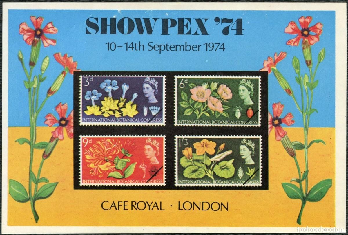 Sellos: REINO UNIDO 1974 SHEET MNH EXPO SHOWPEX 74 QUEEN ELIZABETH II FLORES FLOWERS SELLOS EN SELLOS