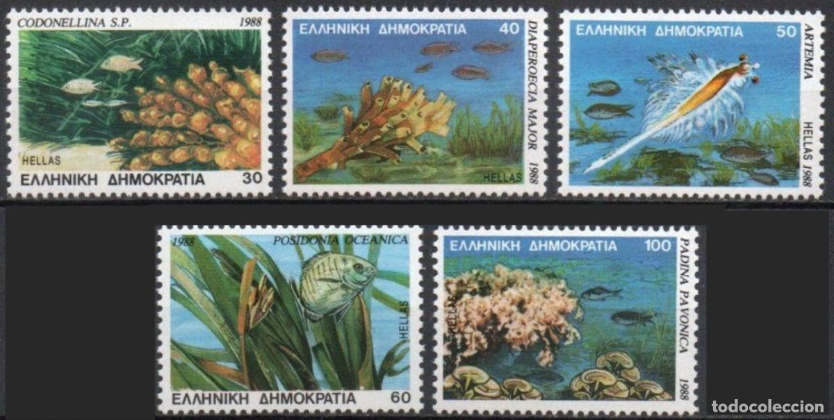 Sellos: GRECIA 1988 - ANIMALES Y PLANTAS DE LOS MARES GRIEGOS - YVERT 1660/1664 (A)** DENTADO 4 LADOS