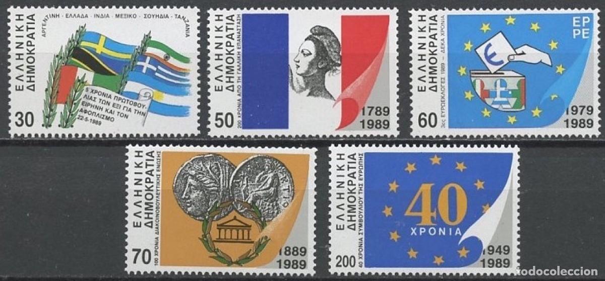 Sellos: GRECIA 1989 - ANIVERSARIOS Y HECHOS INTERNACIONALES - YVERT 1707/1711(A)** DENTADOS 4 LADOS