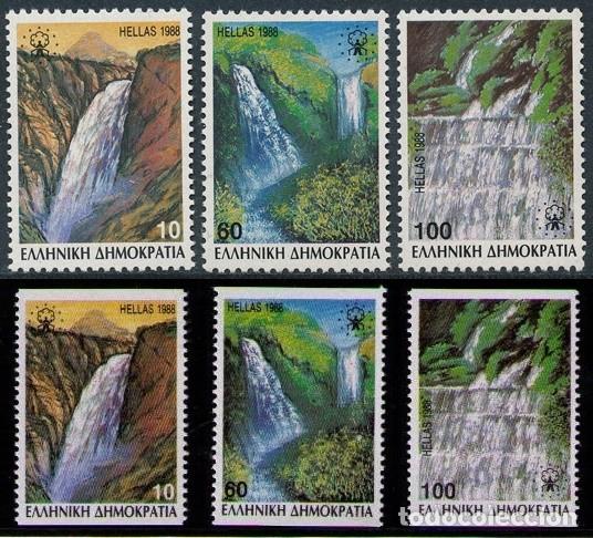 Sellos: GRECIA 1988 - CASCADAS GRIEGAS - YVERT 1675/1677 (A+B)** DENTADO 2 y 4 LADOS