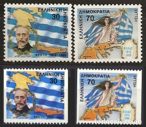 Selos: GRECIA 1988 - 75 ANIVERSARIO UNION DE CRETA A GRECIA - YVERT 1678/1679(A+B)** DENTADO 2 y 4 LADOS