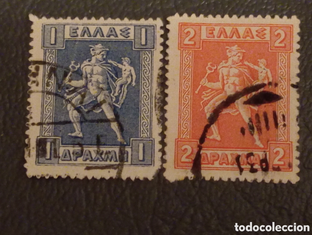 Sellos: Grecia 1911 - Pareja Sellos Hermes y Arcas 1 y 2 Dracmas Usados (Scott #211, #212)