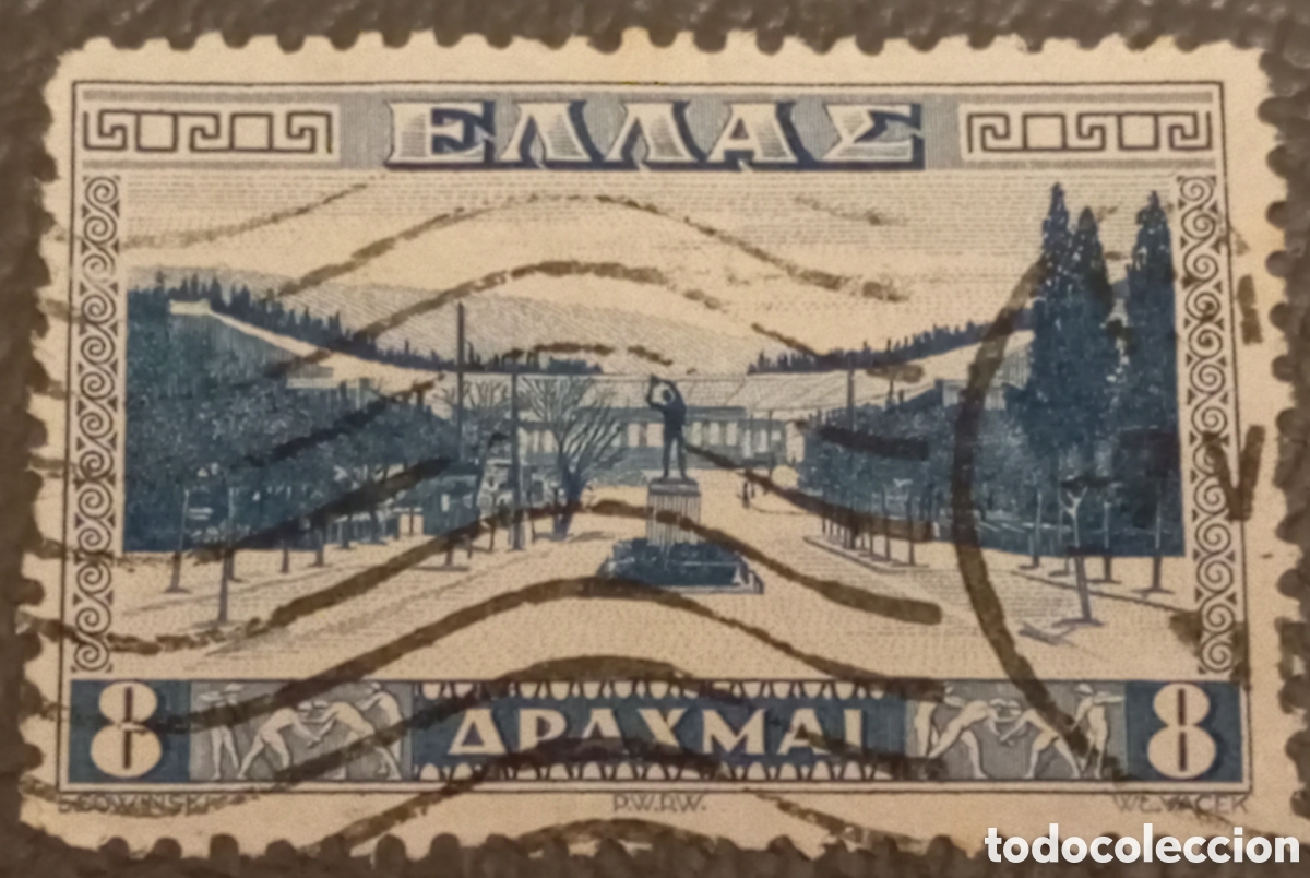 Sellos: Sello Grecia 1934 - Estadio de Atenas 8 Dracmas Usado (Scott #381)