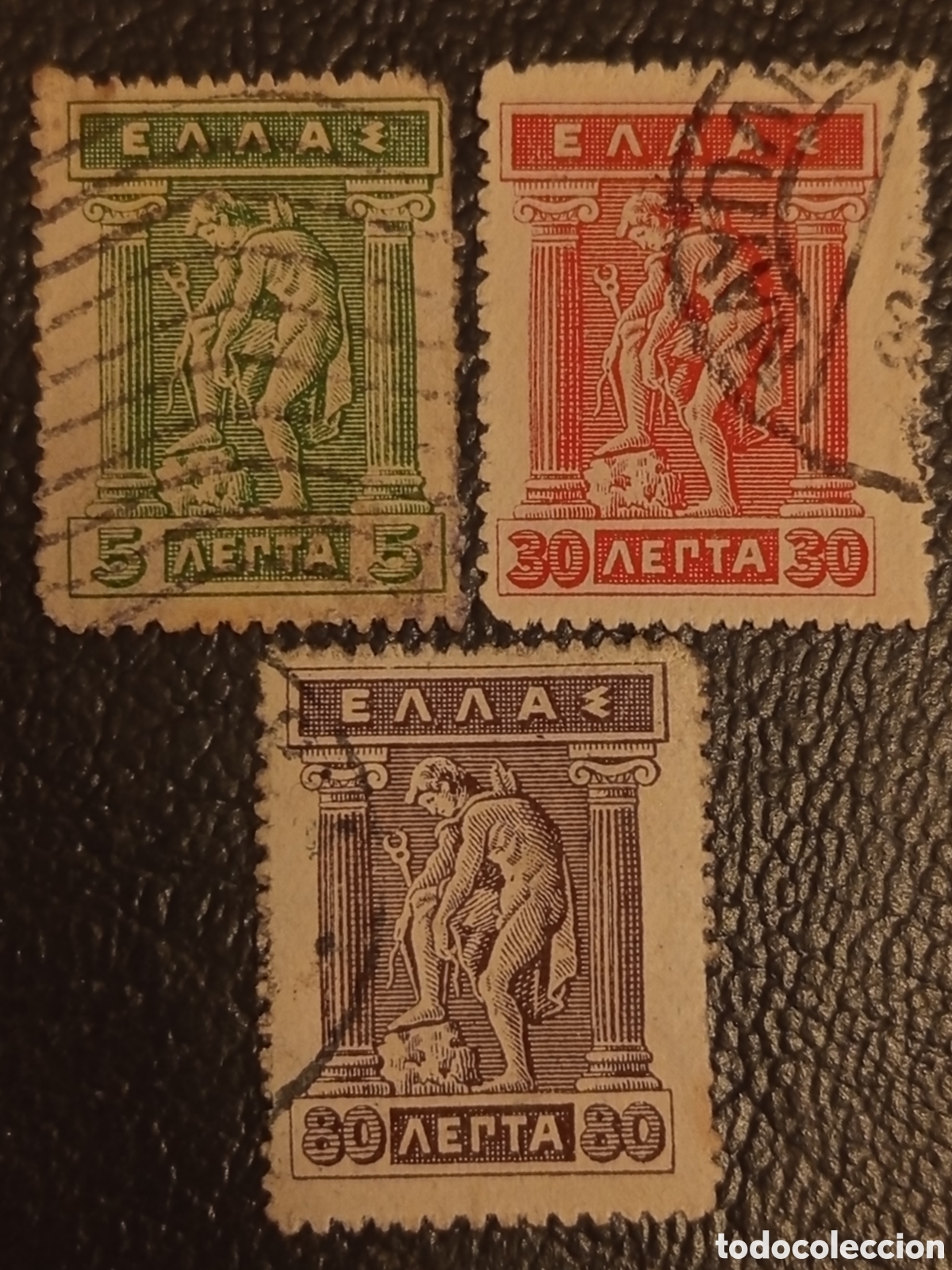 Sellos: Lote 3 Sellos Grecia 1911 - Hermes At&aacute;ndose la Sandalia - Scott #201, #205, #211 - Usados
