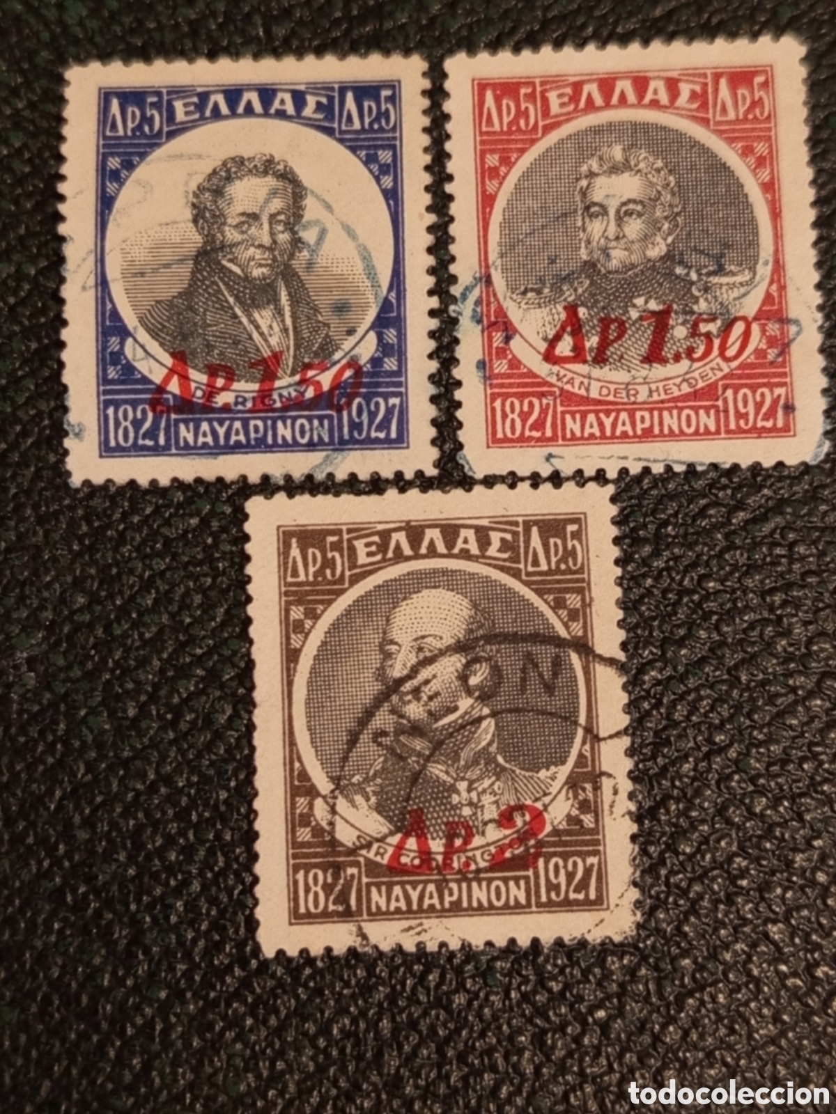 Stamps: Lote 3 Sellos Grecia 1928 Batalla Navarino Sobrecargados Usados (Scott 371, 372, 374)