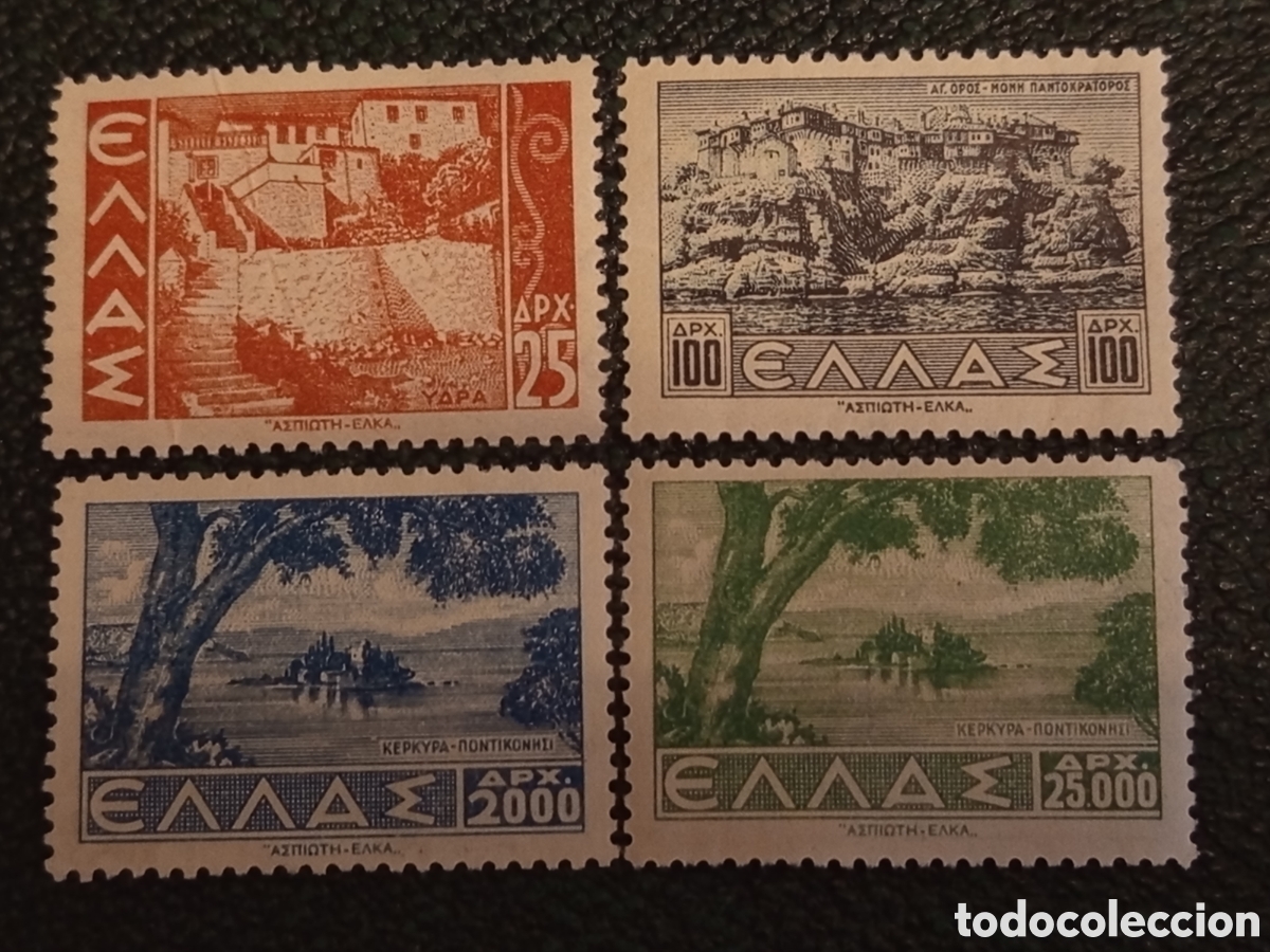 Sellos: Lote 4 Sellos Grecia 1942-44 Paisajes Nuevos MH (Scott 474-476 / Michel 466-469)