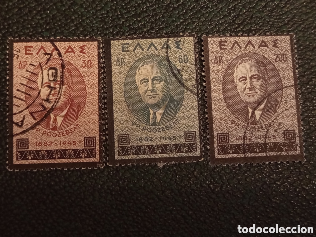 Sellos: Lote 3 Sellos Grecia 1945 Conmemorativo FDR Usados (Scott 469-471 / Yvert 518-520)