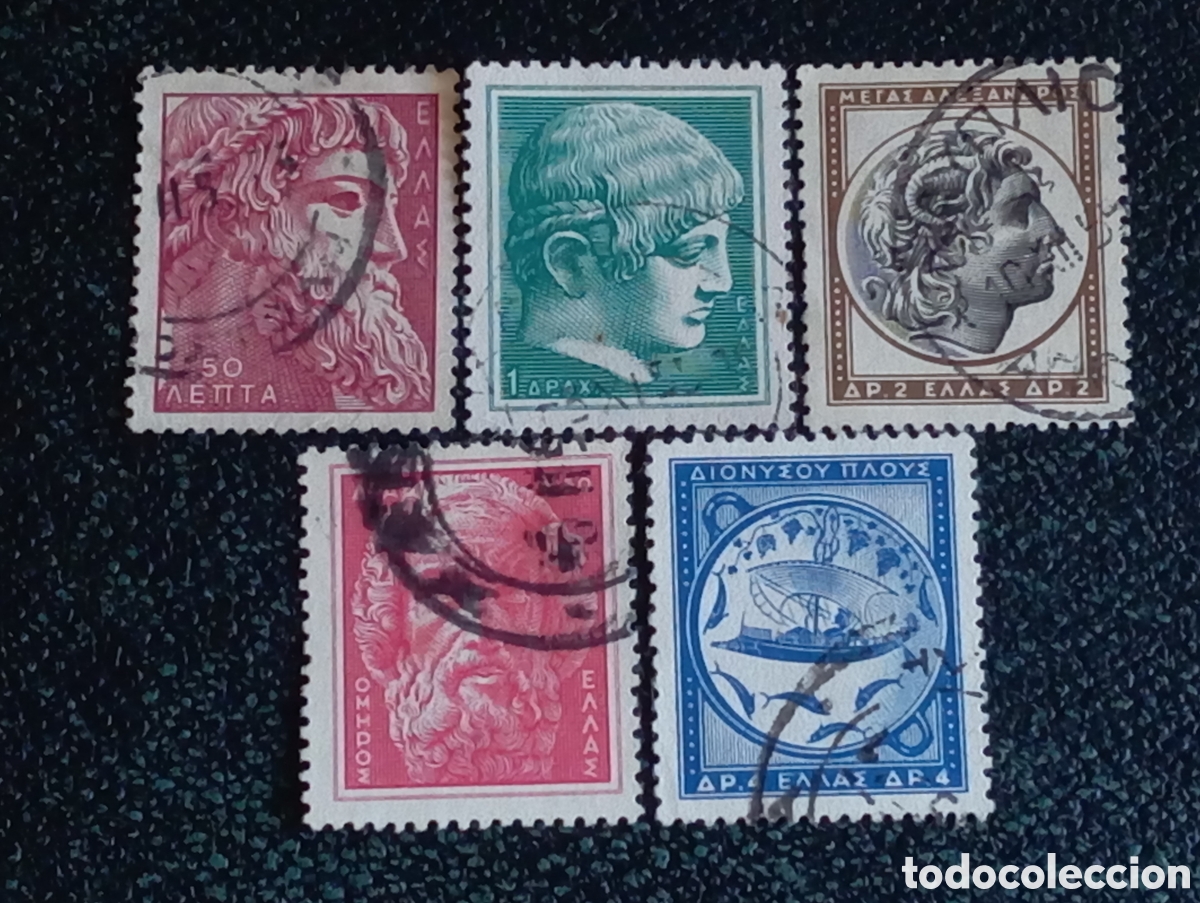 Sellos: Grecia 1955 - Lote 5 Sellos Usados Arte Antiguo Esculturas (Scott #574/581)