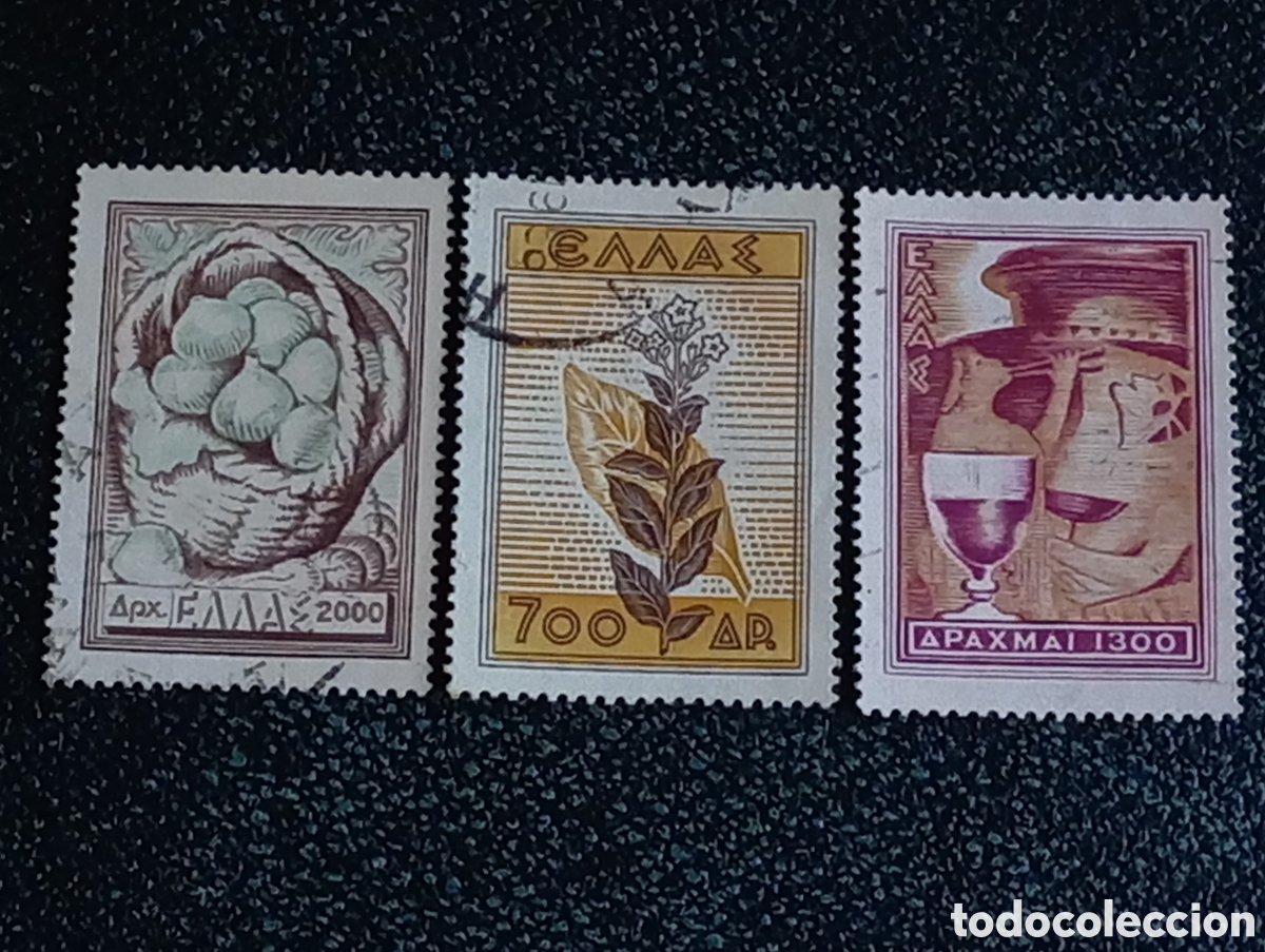 Sellos: Grecia 1953 - Lote 3 Sellos Usados Productos de la Tierra (Scott #552/554)