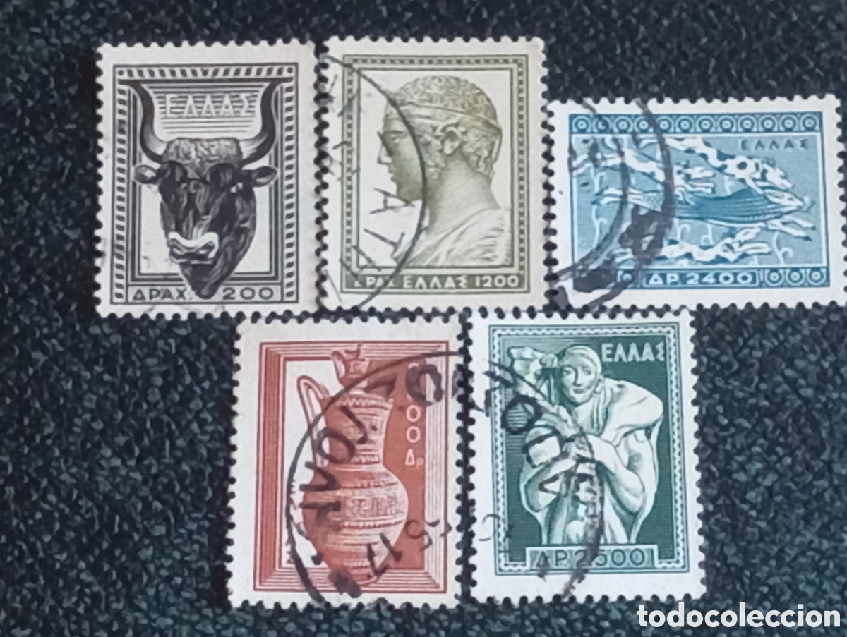 Sellos: Grecia 1954 - Lote 5 Sellos Usados Arte Griego Antiguo (Scott #556/560)