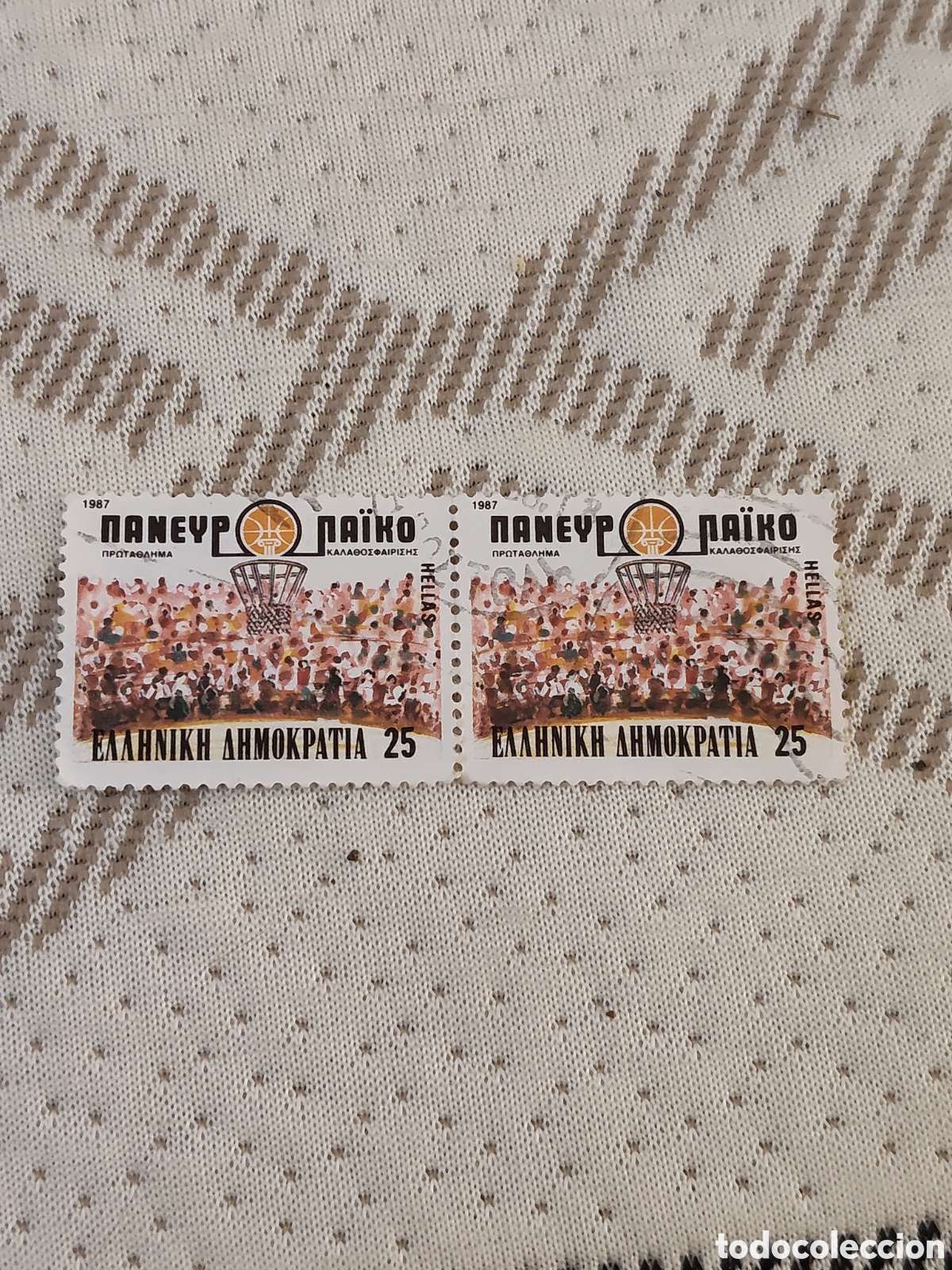 Stamps: Bloque de 2 sellos de Grecia Campeonato de Europa de Baloncesto 1987 usados