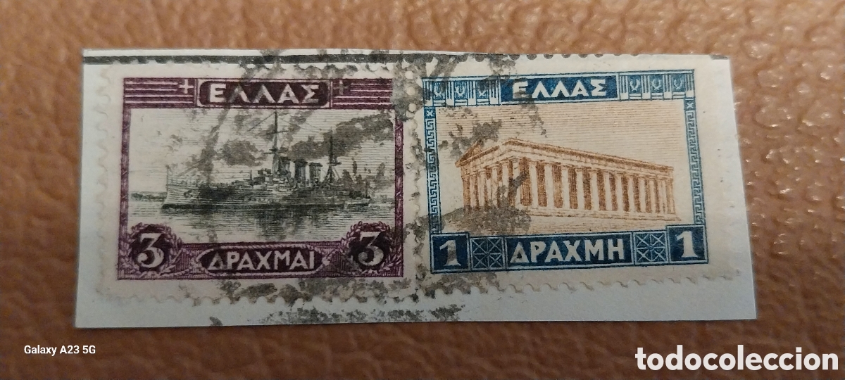 Sellos: Fragmento Grecia 1927 Parten&oacute;n 1 Dracma y Acorazado 3 Dracmas Cat Michel 294 y 297