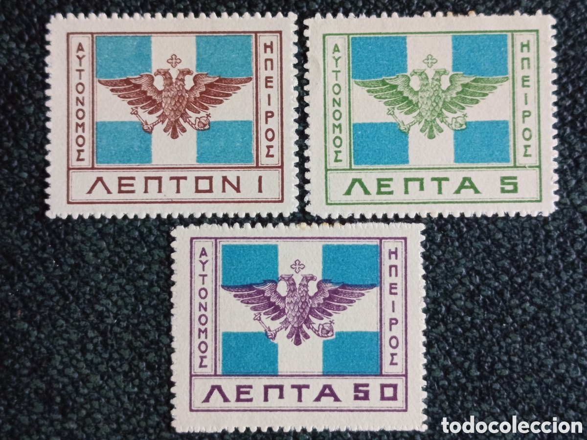 Sellos: Lote 3 Sellos Epiro 1914 Emisi&oacute;n Bandera y &Aacute;guila 1, 5 y 50 Lepta MNH Michel 9/13