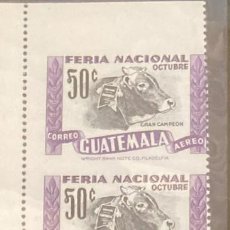 Sellos: O) 1953 GUATEMALA, IMPERFORATED, CHAMPION BULL SCT  C194 50C, WRIGHT BANK NOTE, NATIONAL FAIR, STRIP