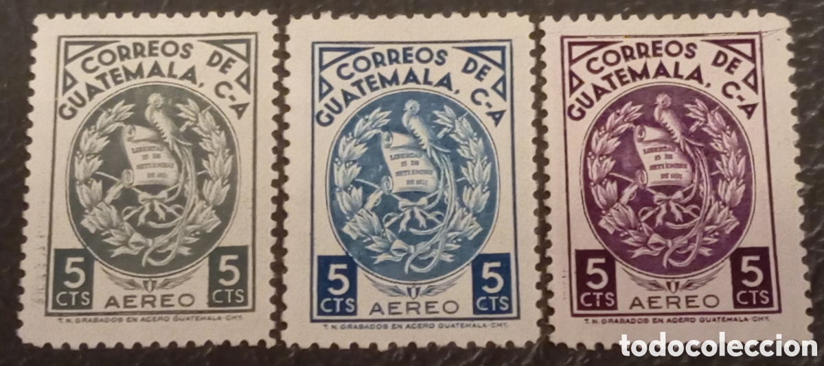 Sellos: Guatemala 1936-40 Correo A&eacute;reo 5cts (Gris/Azul/P&uacute;rpura) Scott #C70/C93/C110 MNH