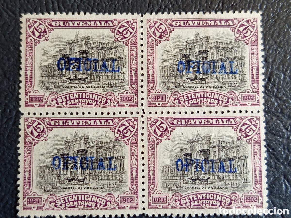 Sellos: Guatemala 1902 75c Cuartel Artiller&iacute;a OFICIAL azul bloque 4 MH Scott O5