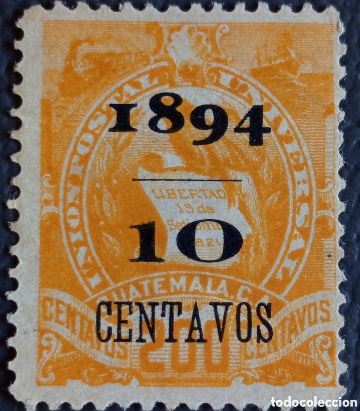 Sellos: Guatemala 1894 10c naranja sobrecarga provisional escudo UPU MH Scott 37