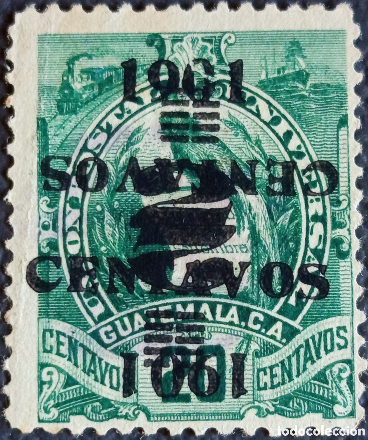 Briefmarken: Guatemala 1901 50c/2c verde VARIEDAD doble recargo+invertido MH Scott 96b