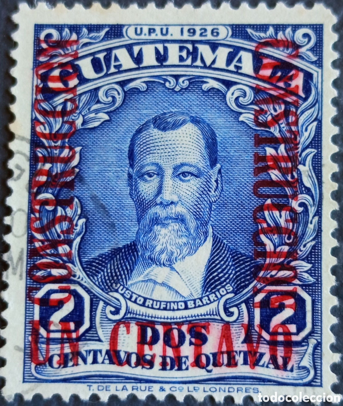 Sellos: Guatemala 1926 UPU 1c/2c Quetzal Azul Barrios Sobrecarga Roja Scott 210 Usado