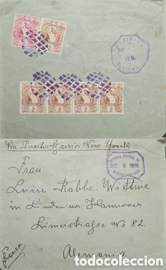 Sellos: Cy) 1900 Guatemala International postal cover An envelope mailed from Quezaltenango, Guatemala, dat
