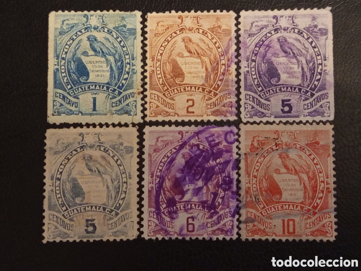 Francobolli: Lote 6 sellos Guatemala C.A. - Ave Quetzal, serie Libertad 1821