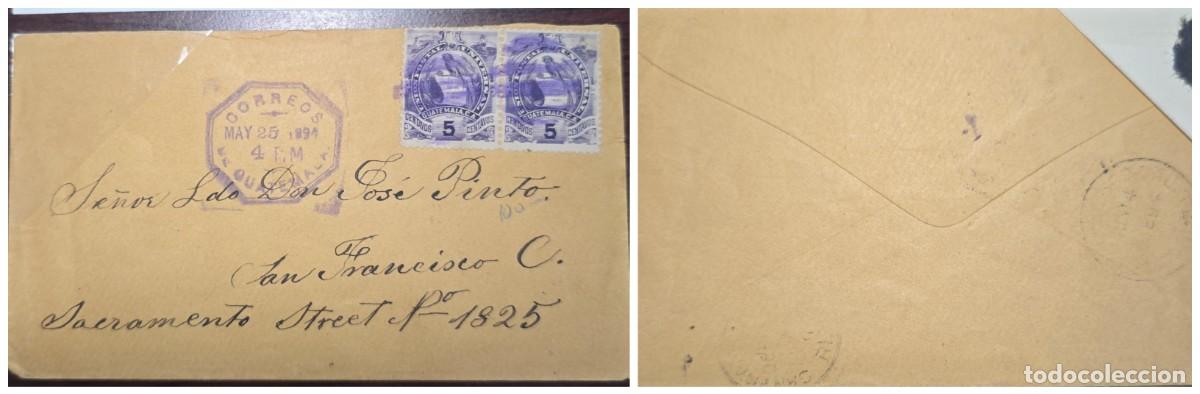 Sellos: O) 1894 GUATEMALA, QUETZAL 5 centavos lilac, PAIR, CIRCULATED COVER TO SACRAMENTO