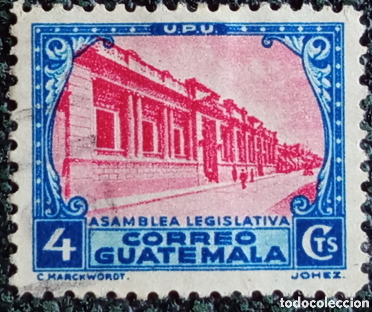 Francobolli: Guatemala 1935 - Asamblea Legislativa, 4c Azul / Rosa, Usado (Scott #275)
