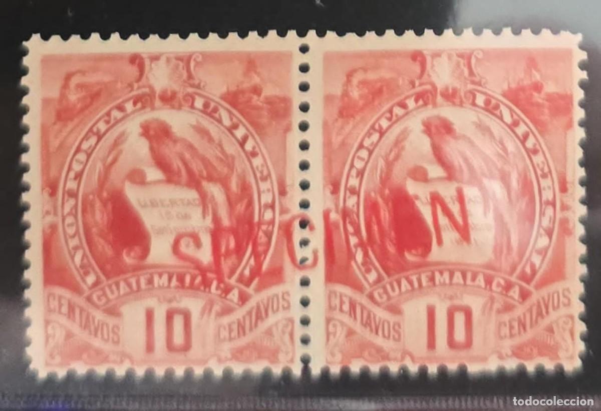 Selos: O) 1886 GUATEMALA, SPECIMEN, NATIONAL EMBLEM . QUETZAL 10c red SCT 34, PAIR MNH