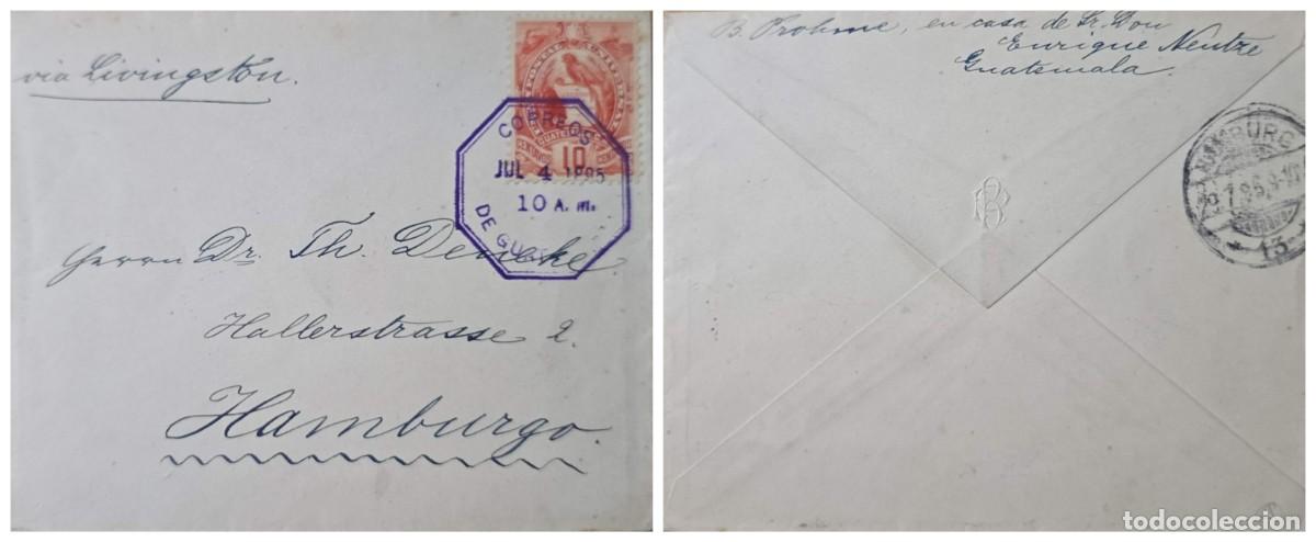 Sellos: O) 1895 GUATEMALA, VIA LIVINGSTON, NATIONAL EMBLEM, COAT OF ARMS 10c, CIRCULATED COVER TO HAMBURG