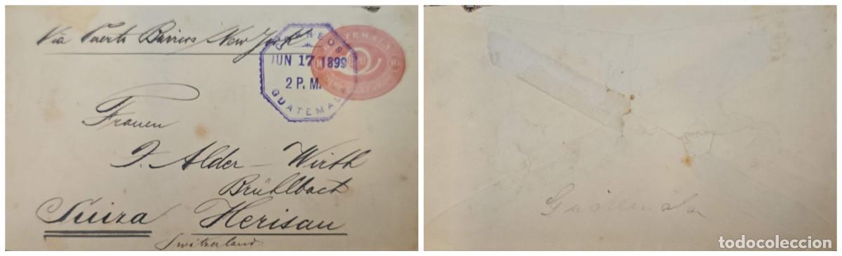 Sellos: O) 1899 GUATEMALA, VIA PUERTO BARRIOS NEW YORK, POST HORN 10c, UPU, CIRCULATED POSTAL STATIONERY TO