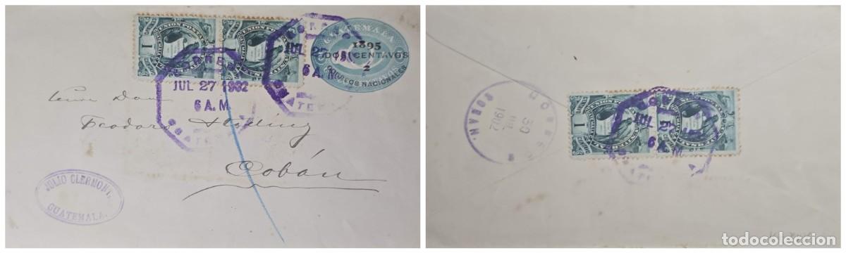 Sellos: O) 1902 GUATEMALA, COBAN, NATIONAL EMBLEM - COAT OF ARMS - QUETZAL 1c, JULIO CLERMONT, OVAL CANCEL