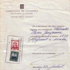Sellos: ESPAÑA.(CAT.685,732).1938.DOCUMENTO DE LA GENERALITAT DE CATALUÑA.REINTEGRO CON SELLOS REPUBLICANOS. Lote 26016159