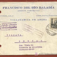 Sellos: TARJETA COMERCIAL CON CENSURA MILITAR DE VILLAGARCÍA DE AROSA Y TAMPÓN PATRIÓTICO. ENERO DE 1938