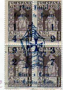 Selos: 15 cts A&ntilde;o jubilar compostelano. Gloria a Colon. Viva Franco. 1492 - 1937