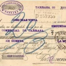 Sellos: 1937 TARRASA (BARCELONA) JOSE LLUCH COLOMER EMPRESA COLECTIVIZADA GUERRA CIVIL. LETRA DE CAMBIO 11ª. Lote 31492342