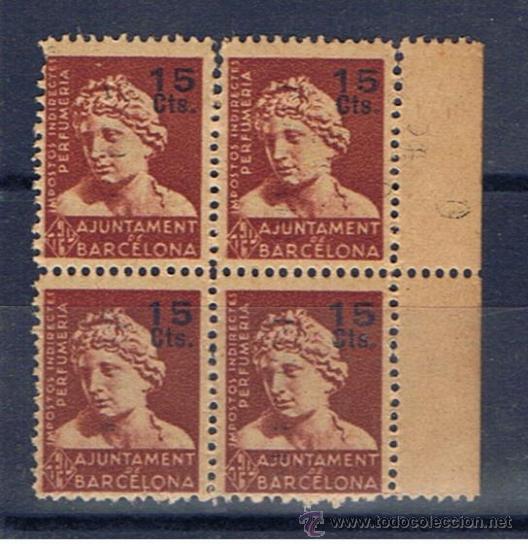 Briefmarken: ajuntament barcelona 15 cts impuesto perfumerias nuevo** bloque de 4