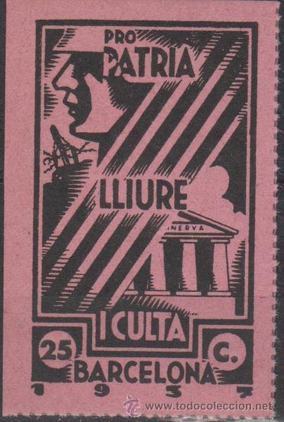 Briefmarken: GG-Guerra Civil BARCELONA Pro Patria Lliure i Culta Fesofi n&ordm; 39 Valor 25c. Color NEGRO s. LILA Sin