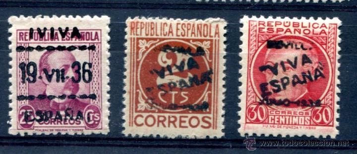 Stamps: 3 sellos con sobrecargaa patri&oacute;ticas.  Falsificaci&oacute;n filat&eacute;lica de la sobrecarga