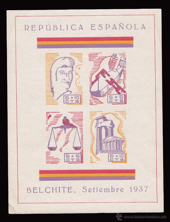 Selos: *** HOJA BELCHITE, SEPTIEMBRE 1937. REP&Uacute;BLICA ESPA&Ntilde;OLA. FESOFI 1s ***