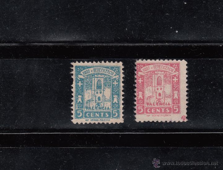 Selos: PALENCIA. PARO Y BENEFICENCIA. 2 SELLOS DE 5 CTS. EN DISTINTOS COLORES
